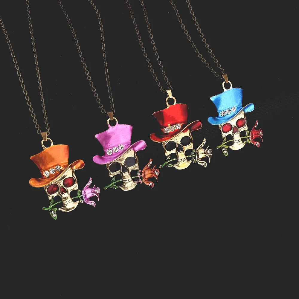 New Colorful Top Hat Skull Magician Pendant Necklace for Men Fashion Glamour Mouth Flower Pendant Party Jewelry Accessories