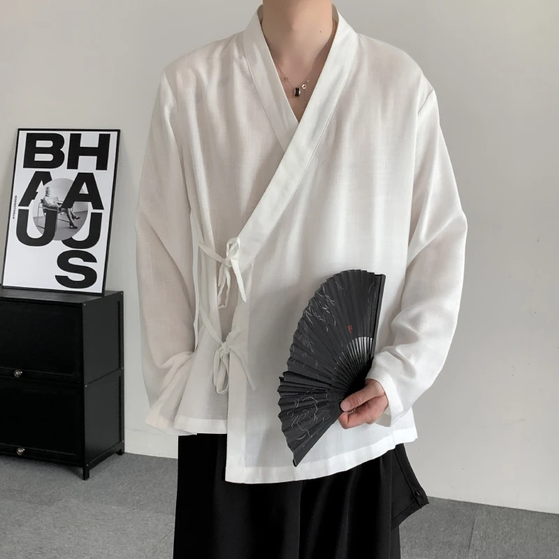 2026 Spring Chinese Style Shirts Men Traditional Japanese Samurai Cardigan Vintage Hanfu Male White Shirt Mens Kimono Shirt