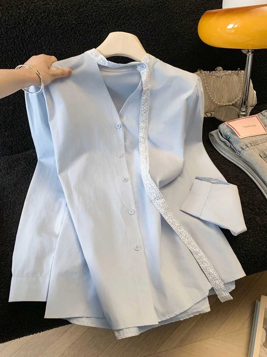 

Blue Lace Sa V-Ne Casual Loose Long Sve irt Women's Spring Faion Single Wear Comfortable Match All Loose irt