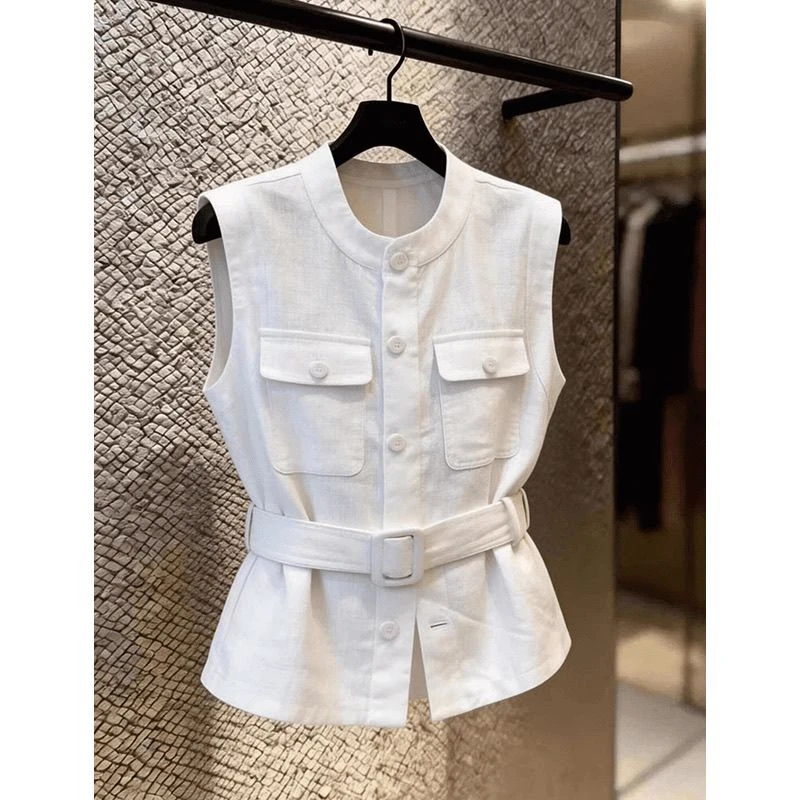 Workwear Style Women's Short Sleeveless Vest Summer New Belted Slimming Multi-Pocket Waist-Cinching Outerwear Top