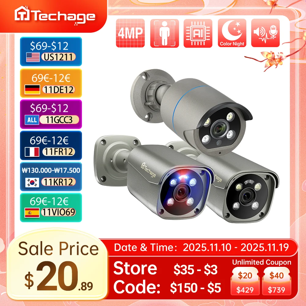 Techage 4MP 5MP 4K POE Camera AI Smart Two Way Audio Outdoor Face Detection CCTV Video Surveillance AI IP Camera for NVR System