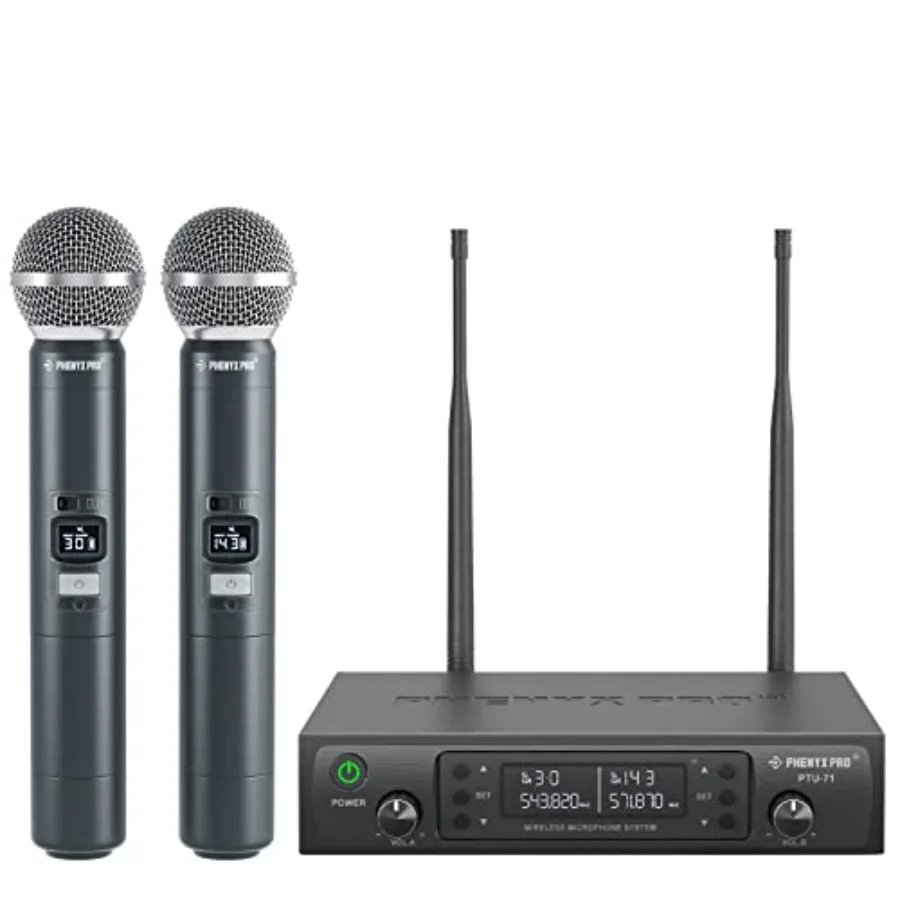 

Wireless Microphone System, Dual Wireless Mics, w/ 2 Handhelds, Auto Scan, 2x100 UHF Frequencies, 328ft Range, Dynamic Micropho