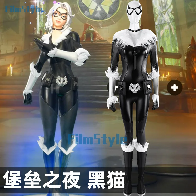 Sexy Zentai Black Cat Felicia Hardy Cosplay Fortnit and Costume Leather Jumpsuit Mask Waist Bag Accessories Halloween Uniform