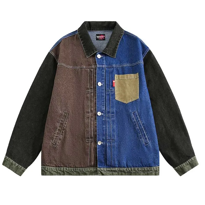 Spring Autumn Color Block Patchwork Deim Jackets Men Harakuju Hip Hop Outwear Jeans Coats