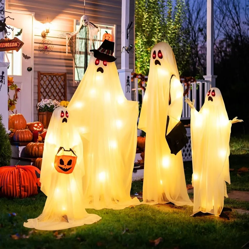 4 PCS Halloween Lighted Standing Ghost Family with Red & Warm White LED Lights, Halloween Ghosts Kit Decorations for Fr