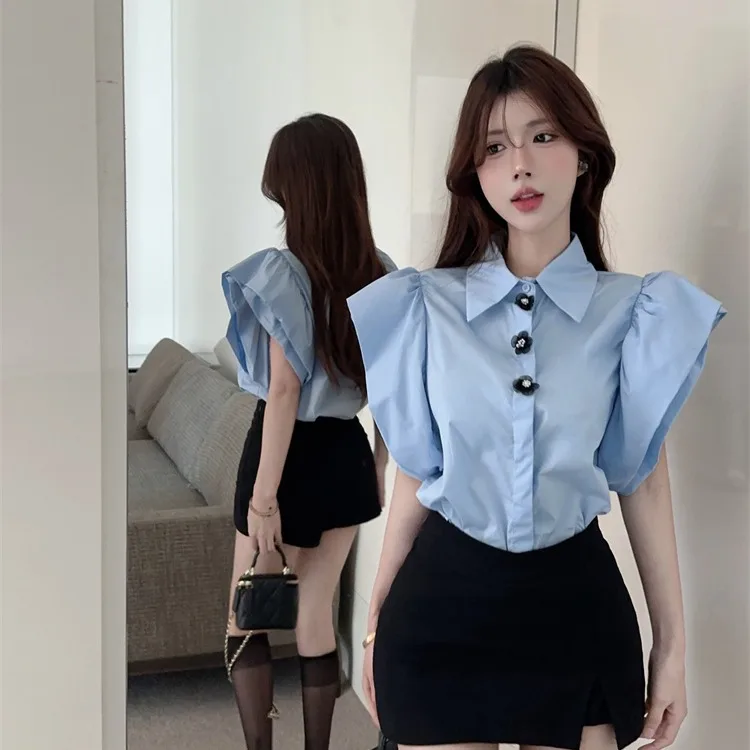 

Elegant Design Bubble Sleeve Turn-down Collar Bell Bottom Single Button High-end Feel Shirt Summer 2026 Women's Casual Top