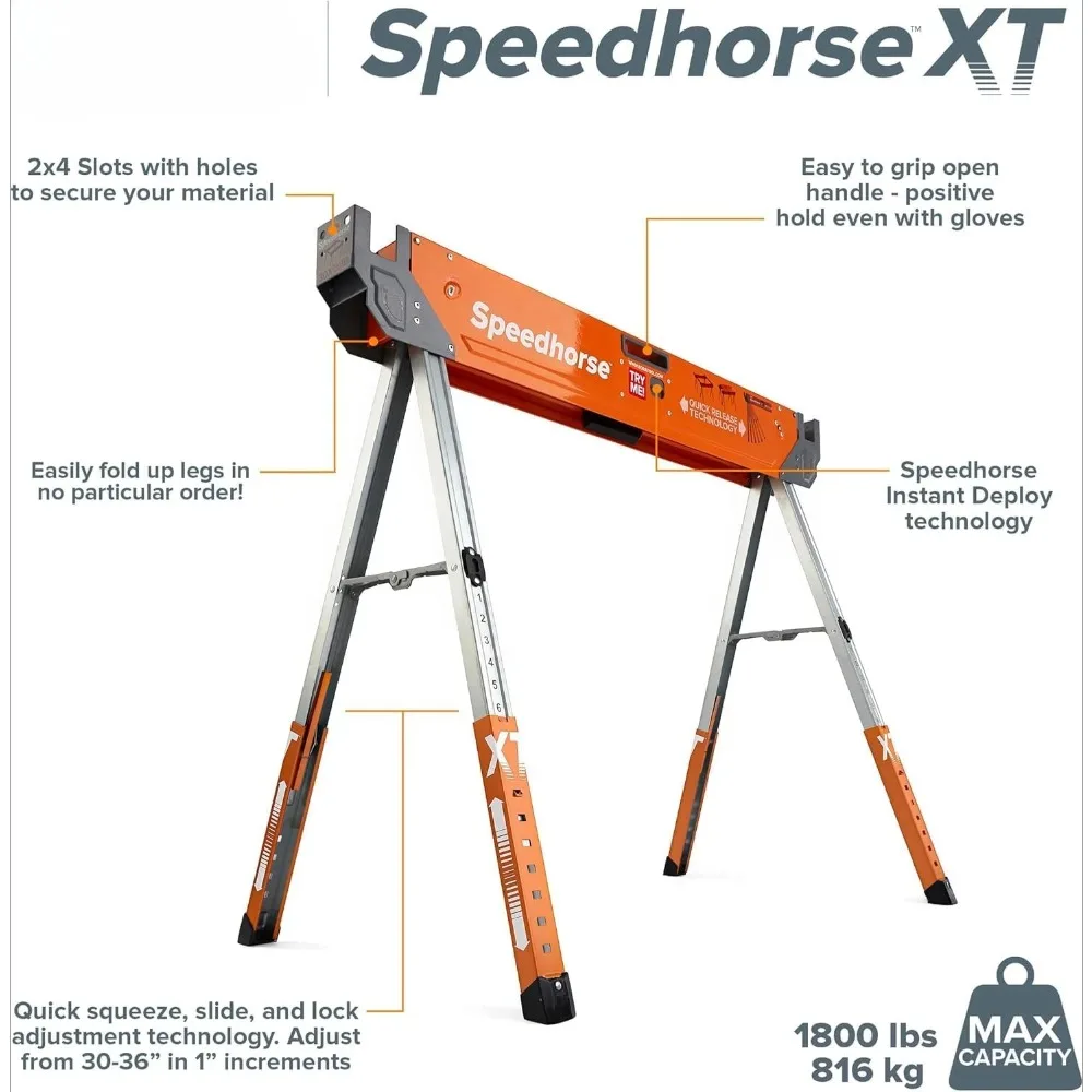 زوج Sawhorse XT من Stands-Portamate Speedhorse - عبوتان، أرجل قابلة للتعديل بارتفاع 30-36 بوصة، سطح معدني لـ 2x4، عالي التحمل Pro #3