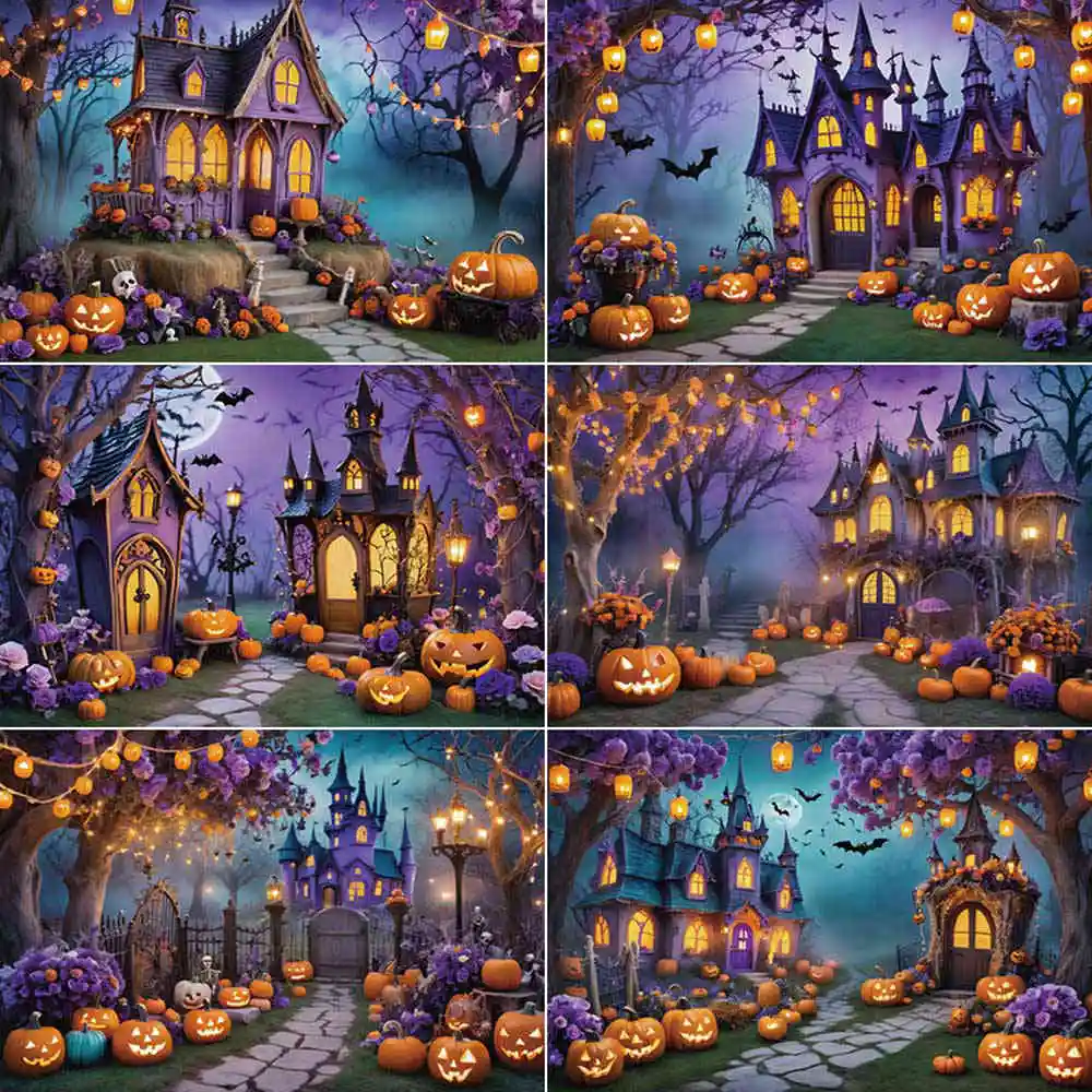 

MOON.QG Halloween Castle House Photography Backdrop Children Pumpkin Castle Garden Photo Background Studio Shooting Accesseries