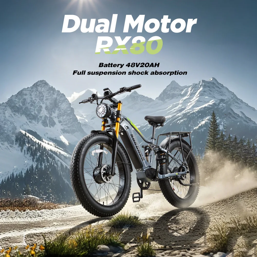 Overseas warehouse electric mountain bike snowmobile aluminum alloy 26 inch full shock absorption fat tire double drive electric