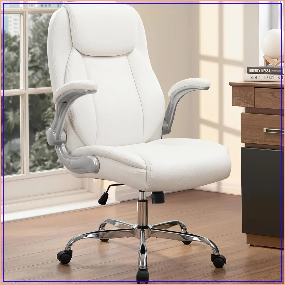 Ergonomic Office Gaming Chair with Flip-Up Armrests, Adjustable Height, Swivel, PU Leather, White