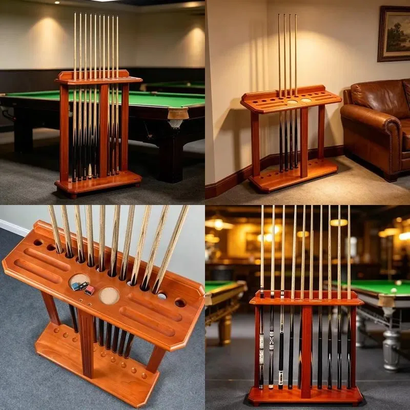 Classic Polished Hardwood 10 Hole Freestanding Billiard Stand for Indoor Game Room Decor