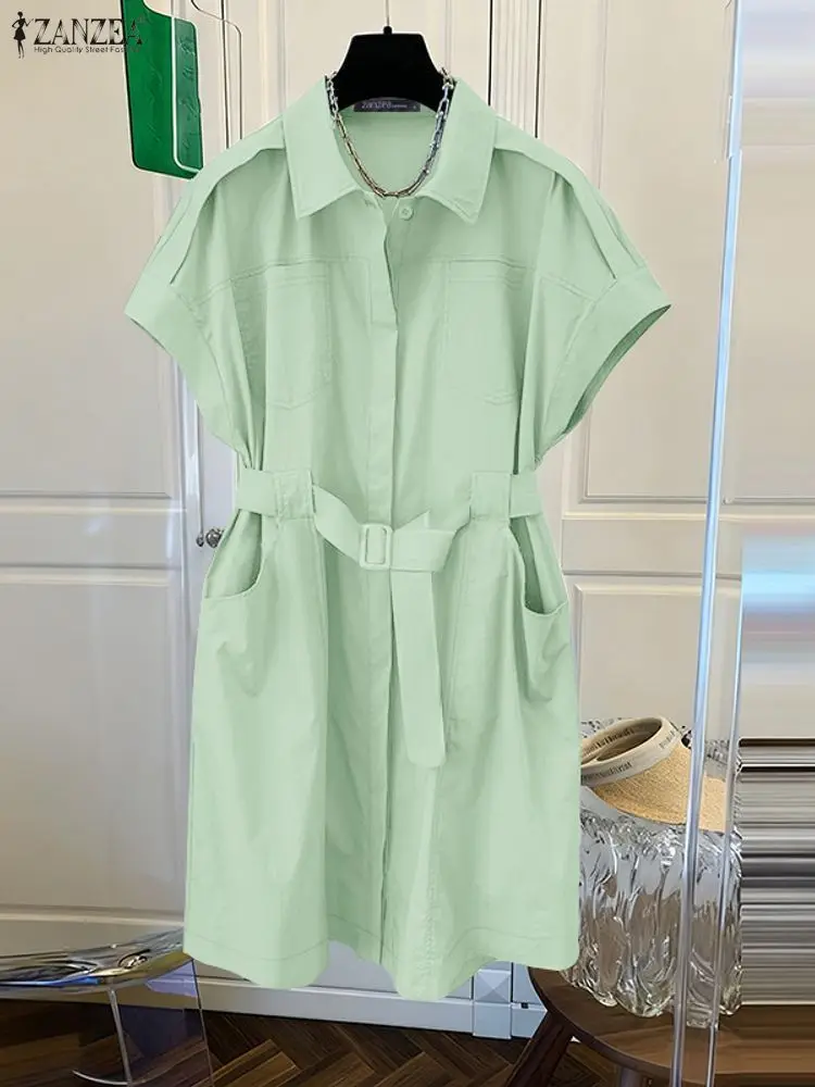 여성 캐주얼 반소매 벨트 셔츠 드레스 턴다운 칼라 버튼 업 패치워크 무릎 길이 드레스 ZANZEA 작업복 S-3XL