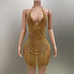 Gold Rhinestone Chain Tassel Sexy Halter Backless Sheath Mini Dress Birthday Evening Party Performance Costume Singer Stage Wear