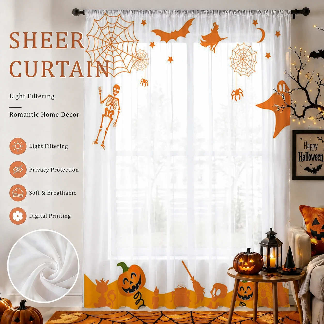 Halloween Festival Sheer Curtain, Good Quality Light Reducing Privacy Voile For Living/Bedroom/Kids Room,Halloween Festival Gift