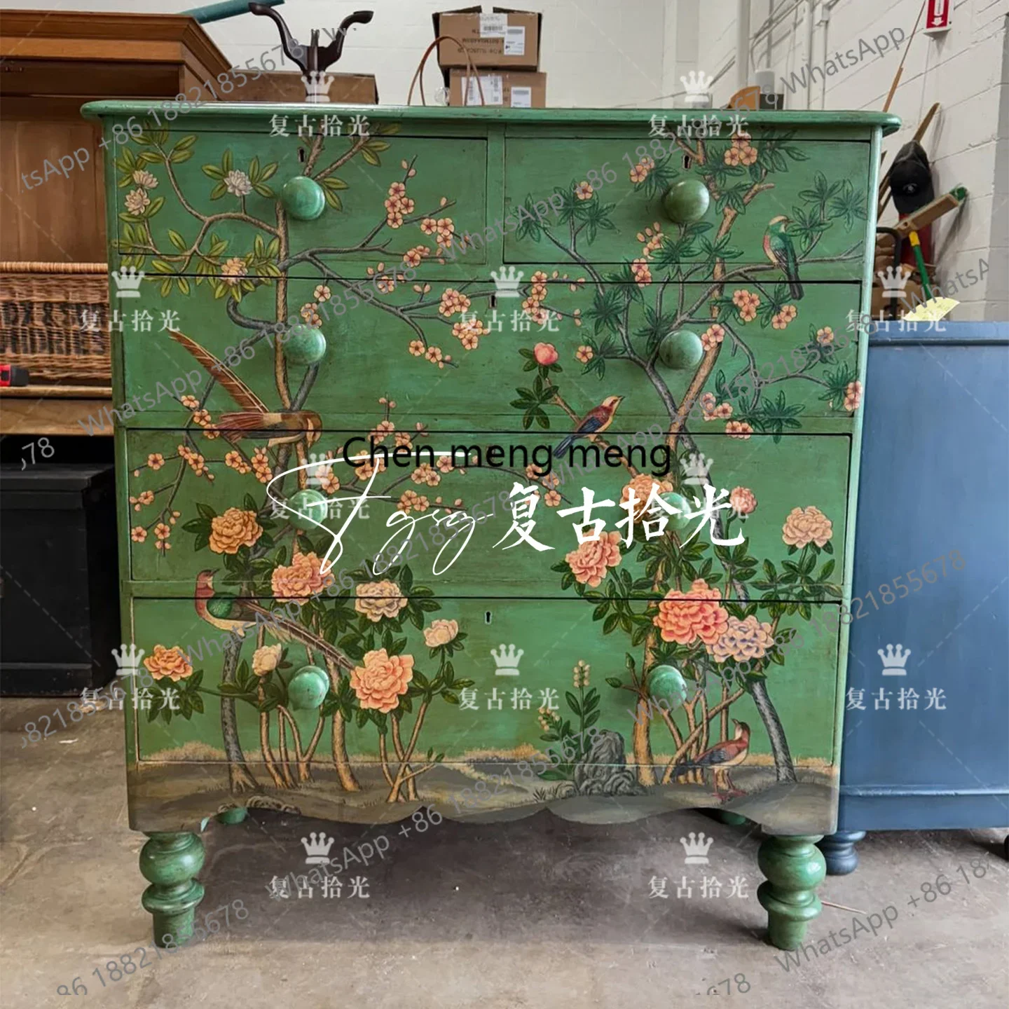 

French retro solid wood painted porch cabinet small apartment living room locker decorative cabinet