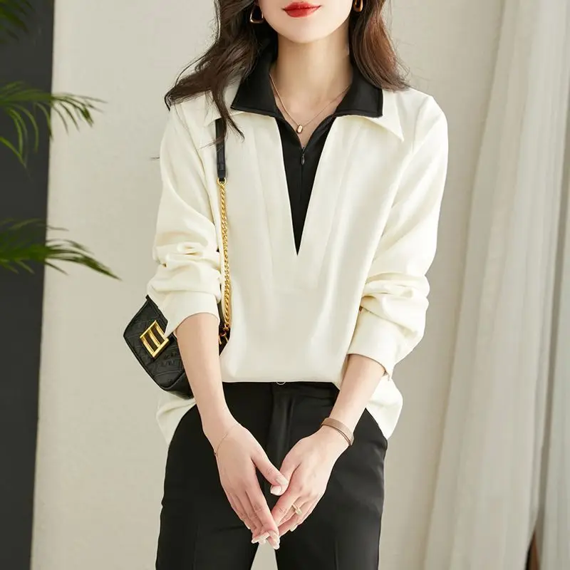 Fashion Lapel Zipper Spliced Fake Two Pieces Blouses Women\'s Clothing 2024 Autumn New Loose All-match Tops Chic Shirts