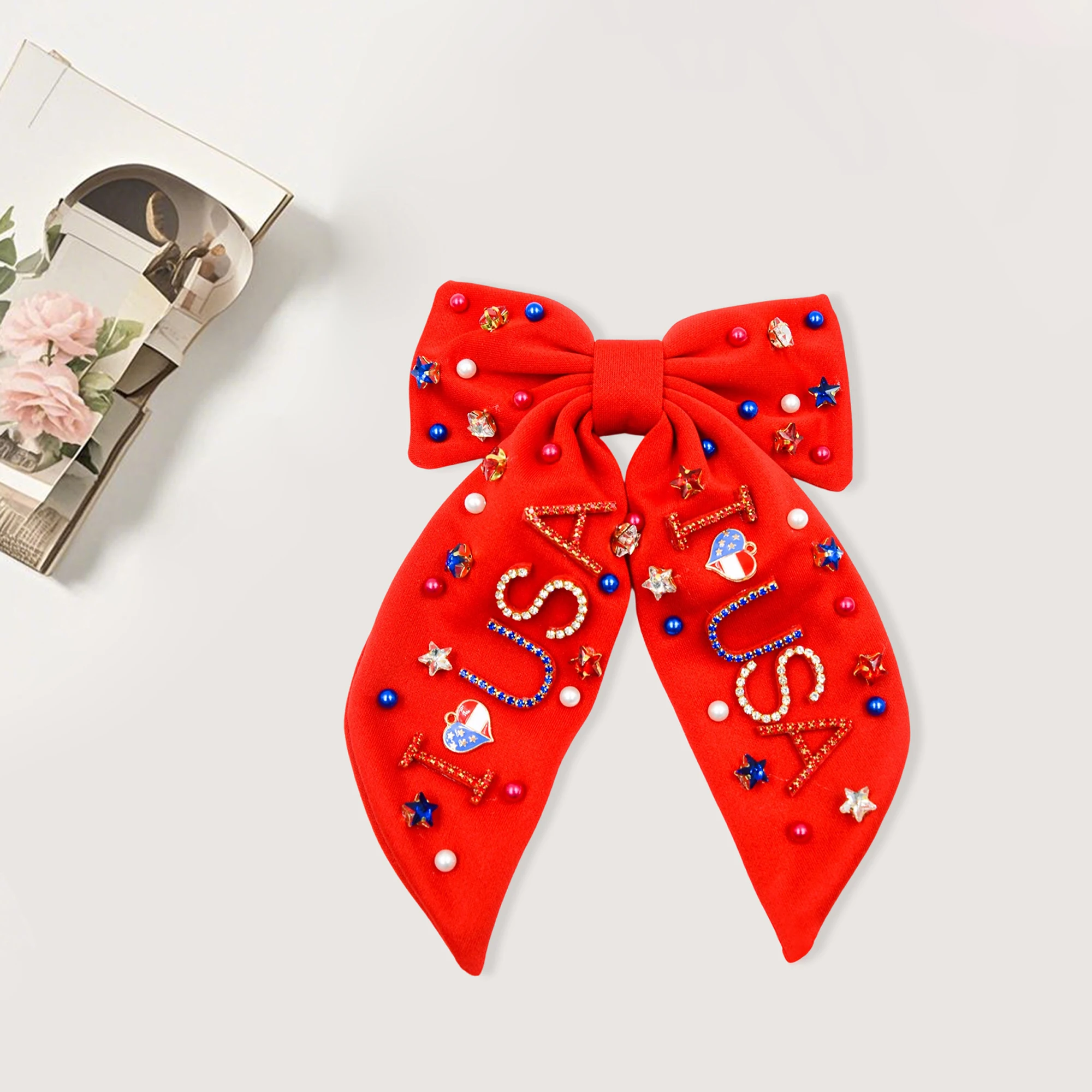 

Сверкающие заколки для волос ко Дню независимости для женщин и девочек со стразами и жемчугом и патриотическими буквами - праздничные волосы