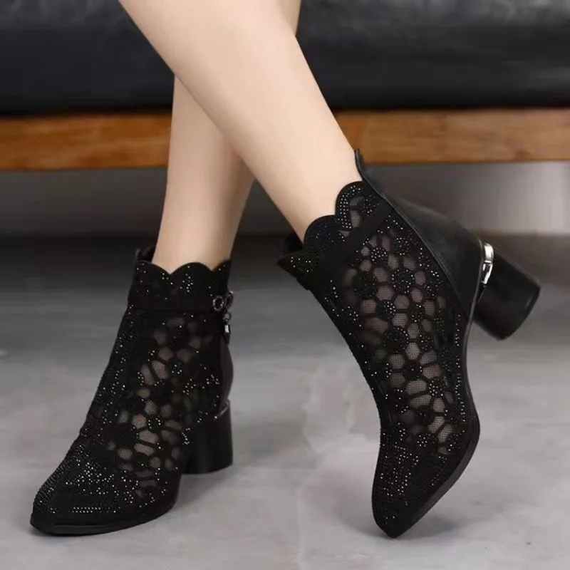 Europea Style Women Mesh Boots Sexy Hollow Out Sandals Shoes Fashion Summer Heels Pointed Toe Fashion Comfort Casual Plus Siz 42