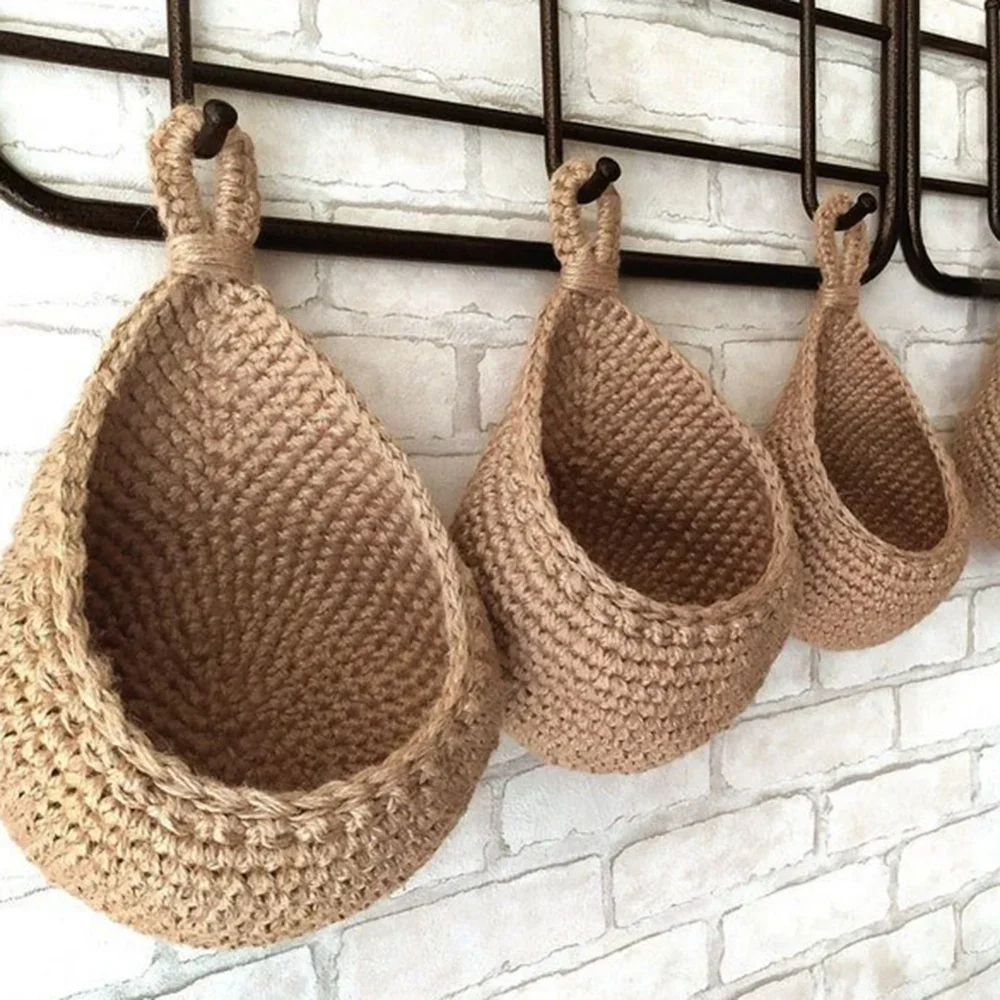 1pc Vegetable Fruit Basket Organizer Hand-Woven Wall Mounted Teardrop Mesh Pocket Plants Flowers Kitchen Garden Decoration