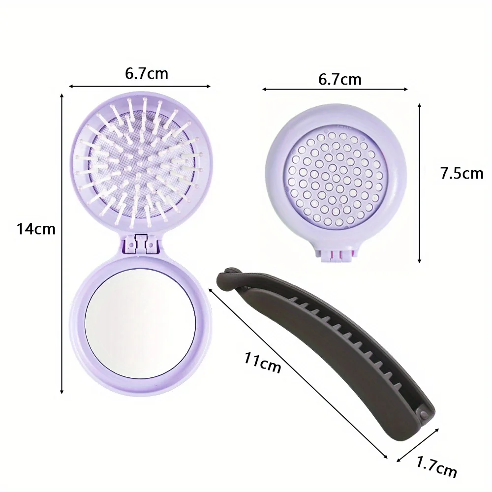 Travel Hair Set Mirror Round Compact Brush Mini Massage Comb for Women and Girls for Purse/Pocket+ Banana Hair Clips