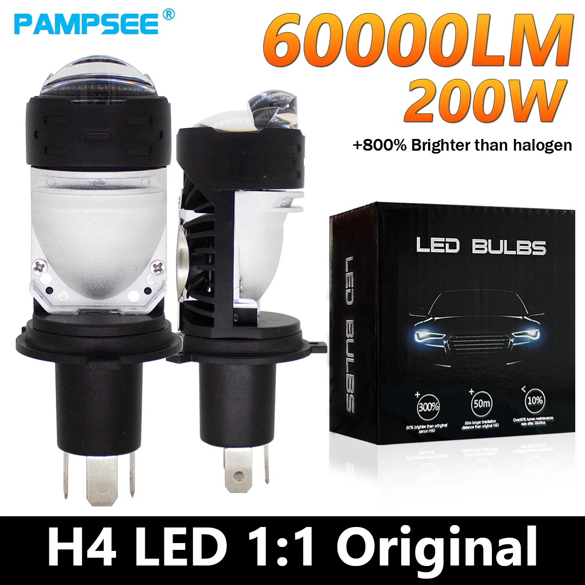 

PAMPSEE Проектор H4 Линза Светодиодные автомобильные фары Лампы HB2 60000LM 200W CANBUS Turbo Авто Лампа H4 Высокая и низкая лампа противотуманных фар 12V 24V