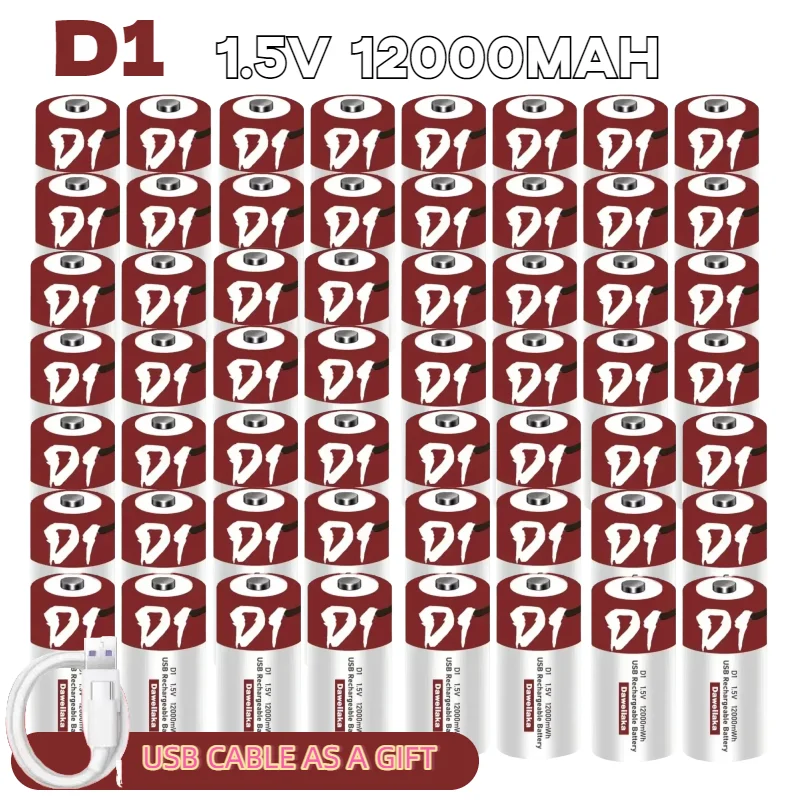 

D1 Size 1.5V Lithium-ion Battery 12000mAh D1 USB Rechargeable for Flashlights Water Heaters Toys Includes Free Charging Cable