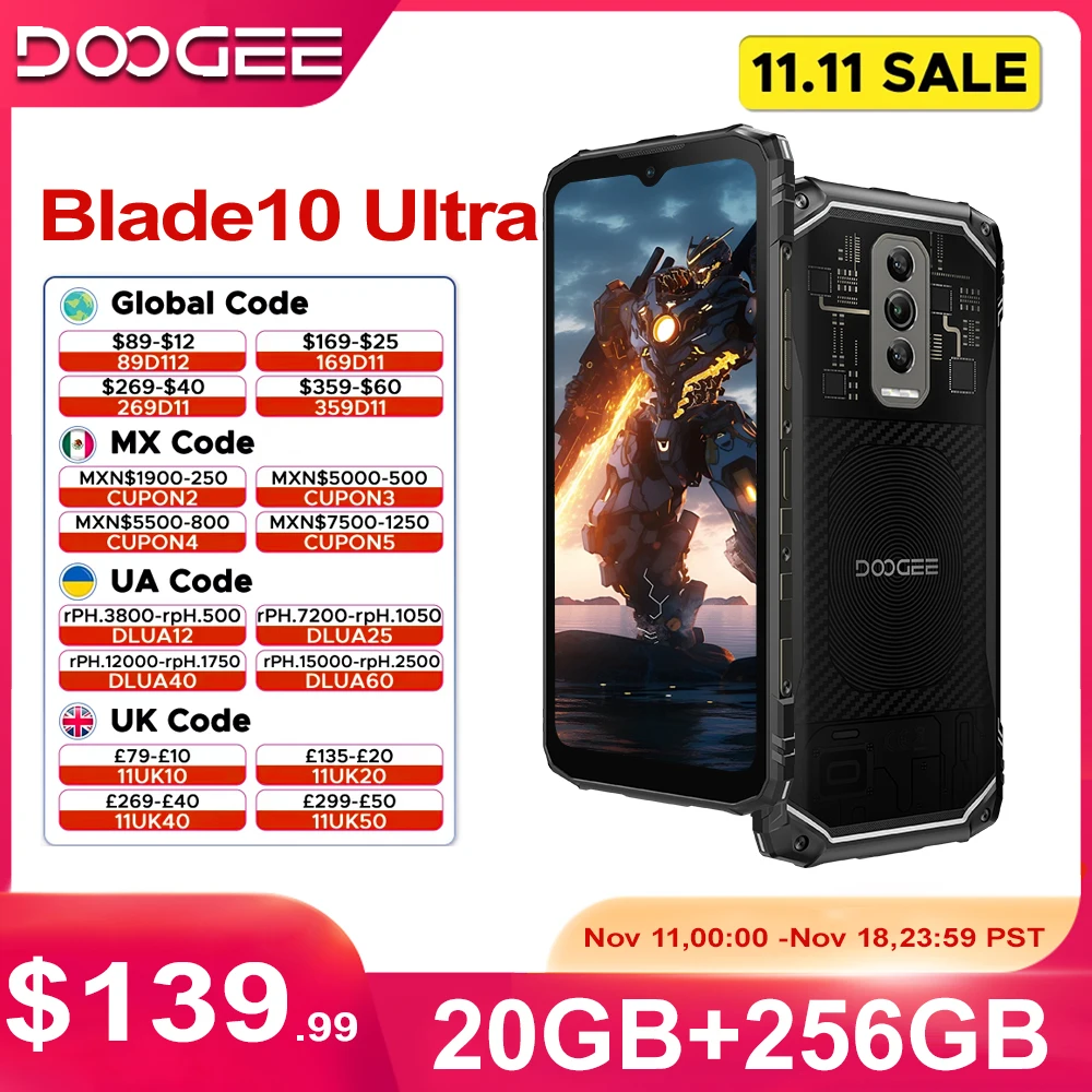 [세계 최초 공개] DOOGEE Blade 10 Ultra 스마트폰 20GB(8+12) 256GB 50MP 6.56'' 견고한 셀룰러폰 NFC 안드로이드 14 모바일 폰