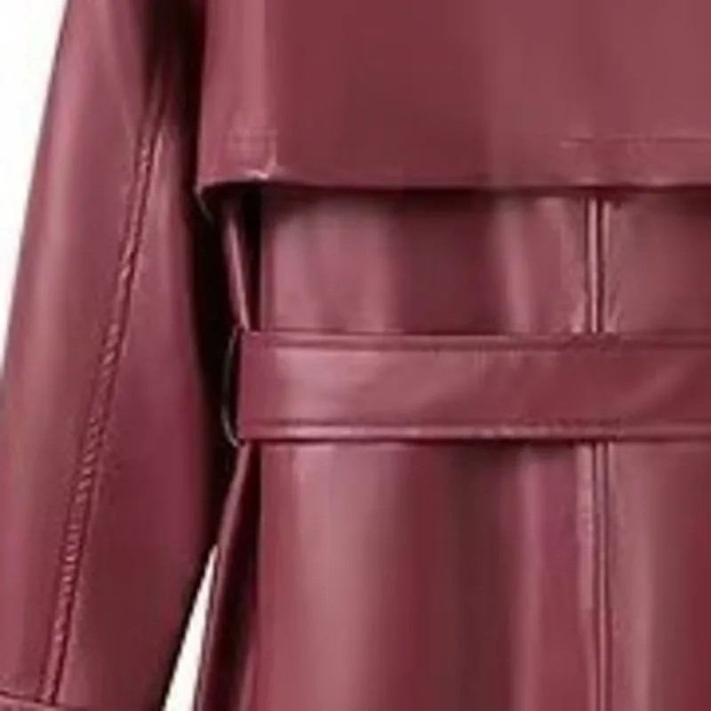 Wine Red Women New Fashion With Belt Long Style Single Breasted Faux Leather Coat Vintage Long Sleeve Pockets Female Outerwear