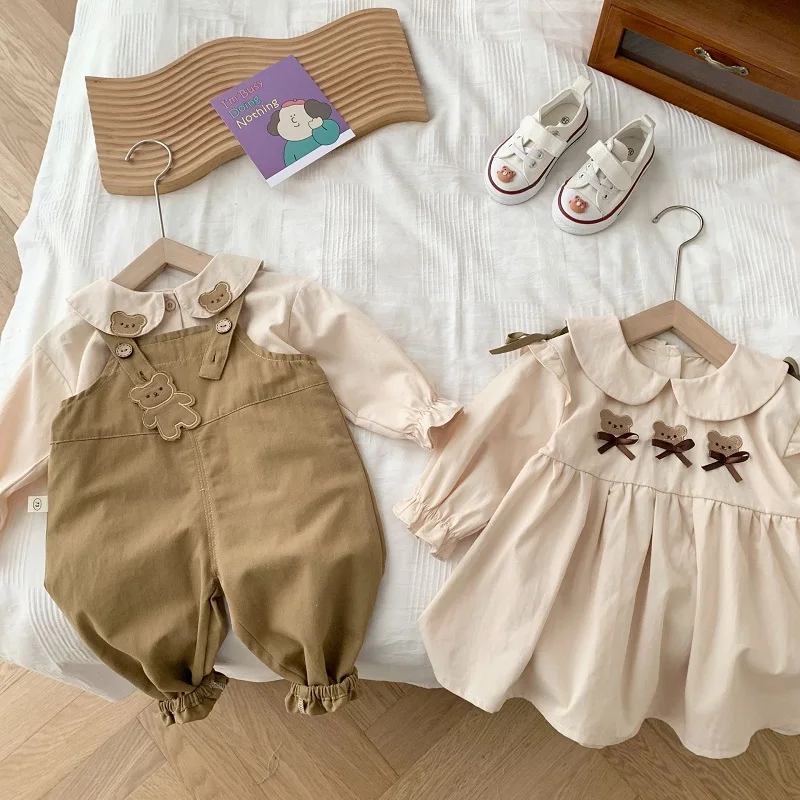 Conjunto de ropa de oso para niños y niñas de 0 a 6 años, camisa de manga larga con cuello Peter Pan, vestido de línea a con lazo, Pantalón con