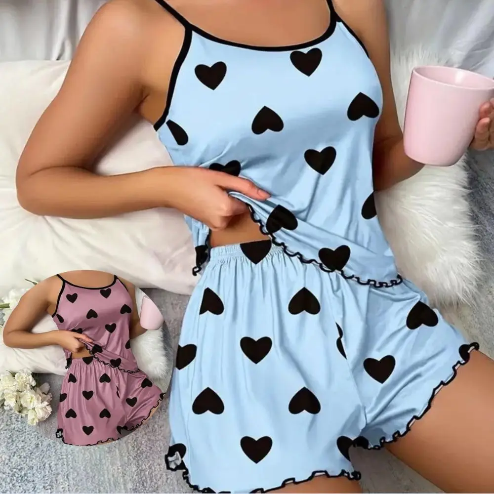 Pink Heart-Shaped Print Pajama Set Ice Silk Top Comfortable Sling Pajamas Leisure Suit Suspender Shorts Thin Pajamas Summer
