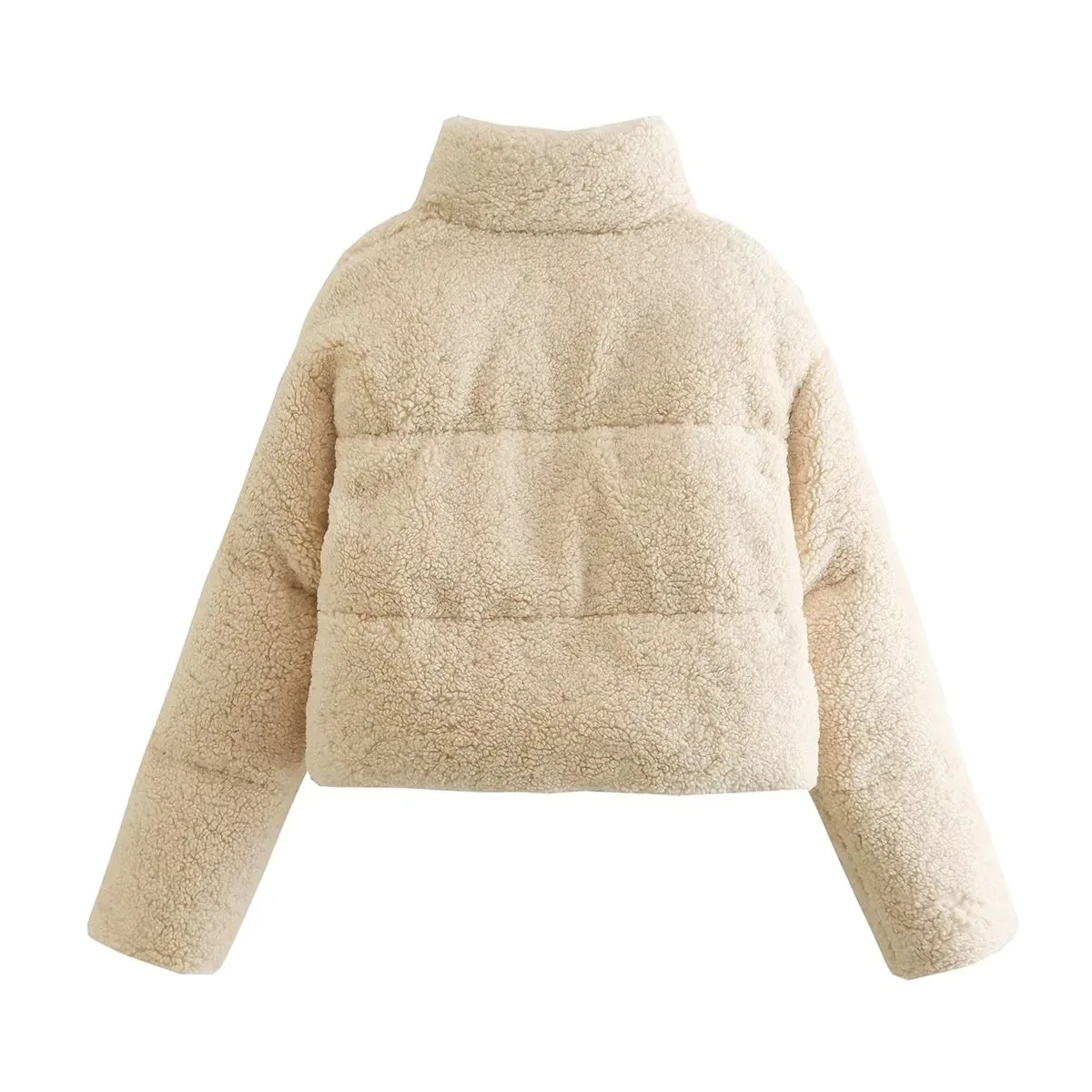 Stand Neck Women's Winter Coats Zipper Warm Short Parkas Beige Lamb Fur Long Sleeves Pleated Waist Clothes Streetwear Femininas