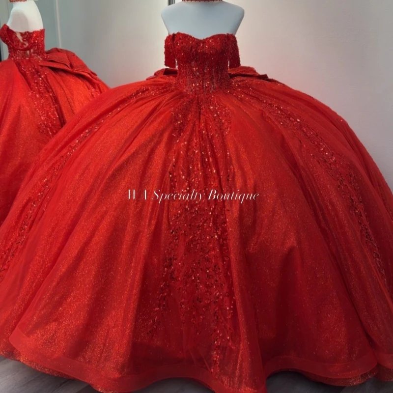 

Red Shiny Quinceanera Dresses Ball Gown Off The Shoulder Sequin Applique Lace Beading Crystal Bow Tull Corset Party Sweet 16