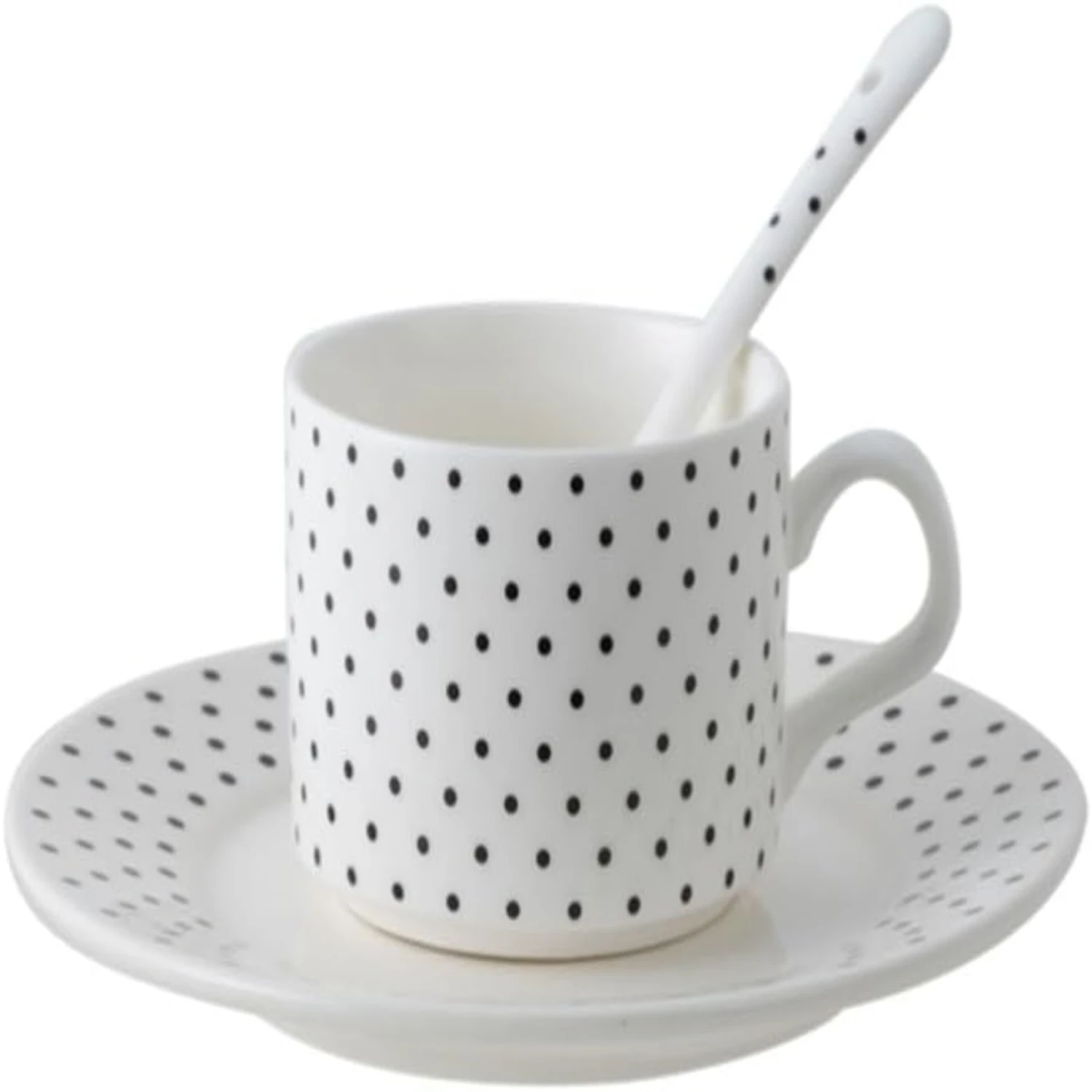 Stylish and elegant black and white tea cup set with modern saucer and sophisticated spoon - perfect addition to your kitchenwar