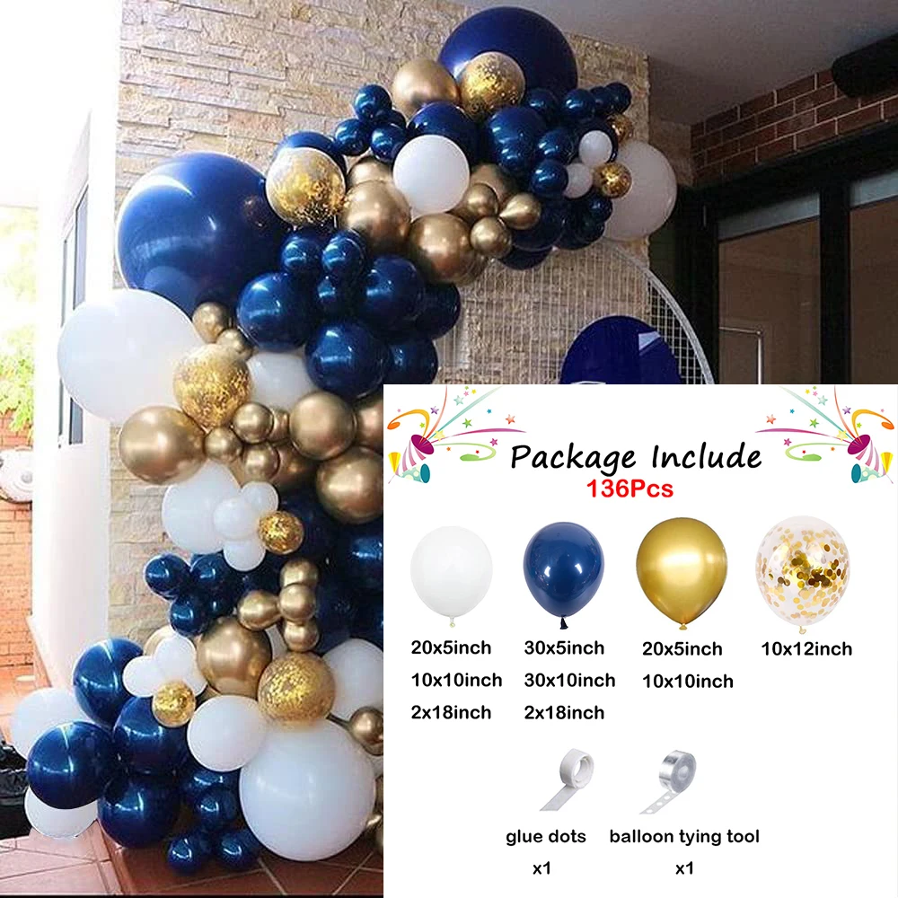 136Pcs Navy Blue White Balloon Garland Arch Kit Metallic Gold Confetti Balloons Wedding Birthday Party Bridal Baby Shower Decor