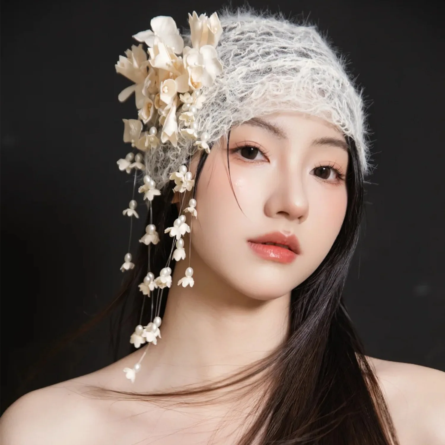 White/Pink Flower Hairpins Artificial Floral/Beads Tassel Pendant Headband Bride Wedding Charming Headdress Fashion Hair Jewelry