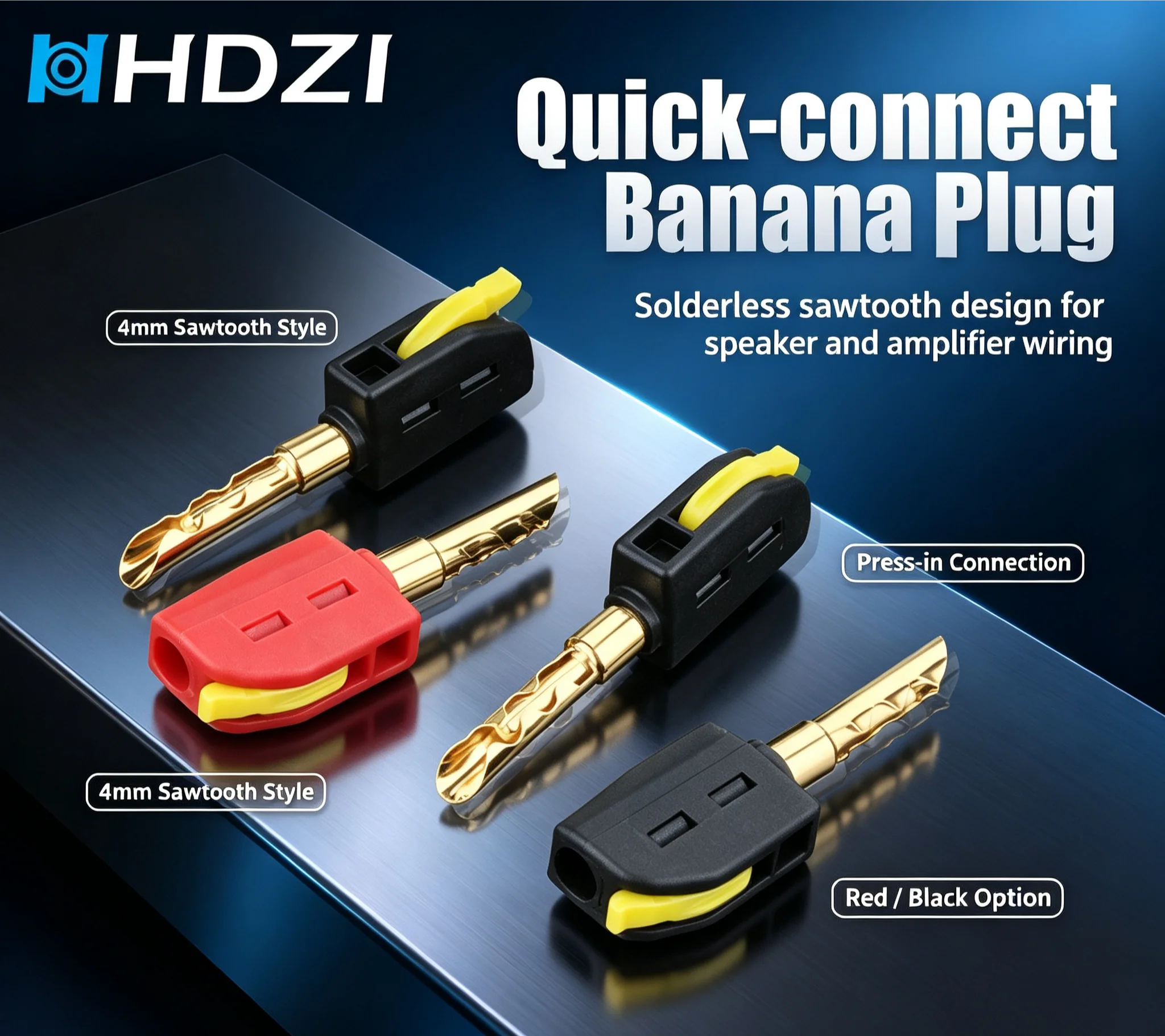 HHDZI Quick‑Connect Sawtooth Banana Plug 24K Gold Plated Phosphor Copper Speaker Terminal For HiFi Amplifier Audio Wire