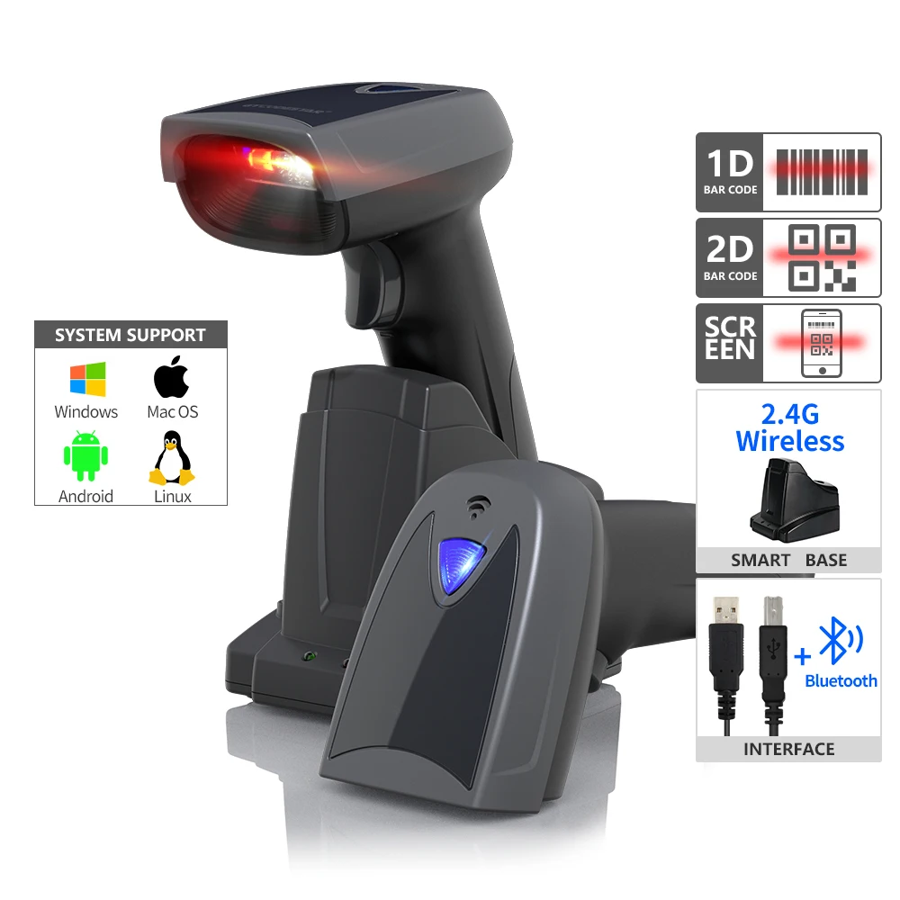 KEFAR Bluetooth Wired Wireless 2D Barcode Scanner QR PDF417 2.4G Handheld Barcode Scanner Industry Quality with Charged Base