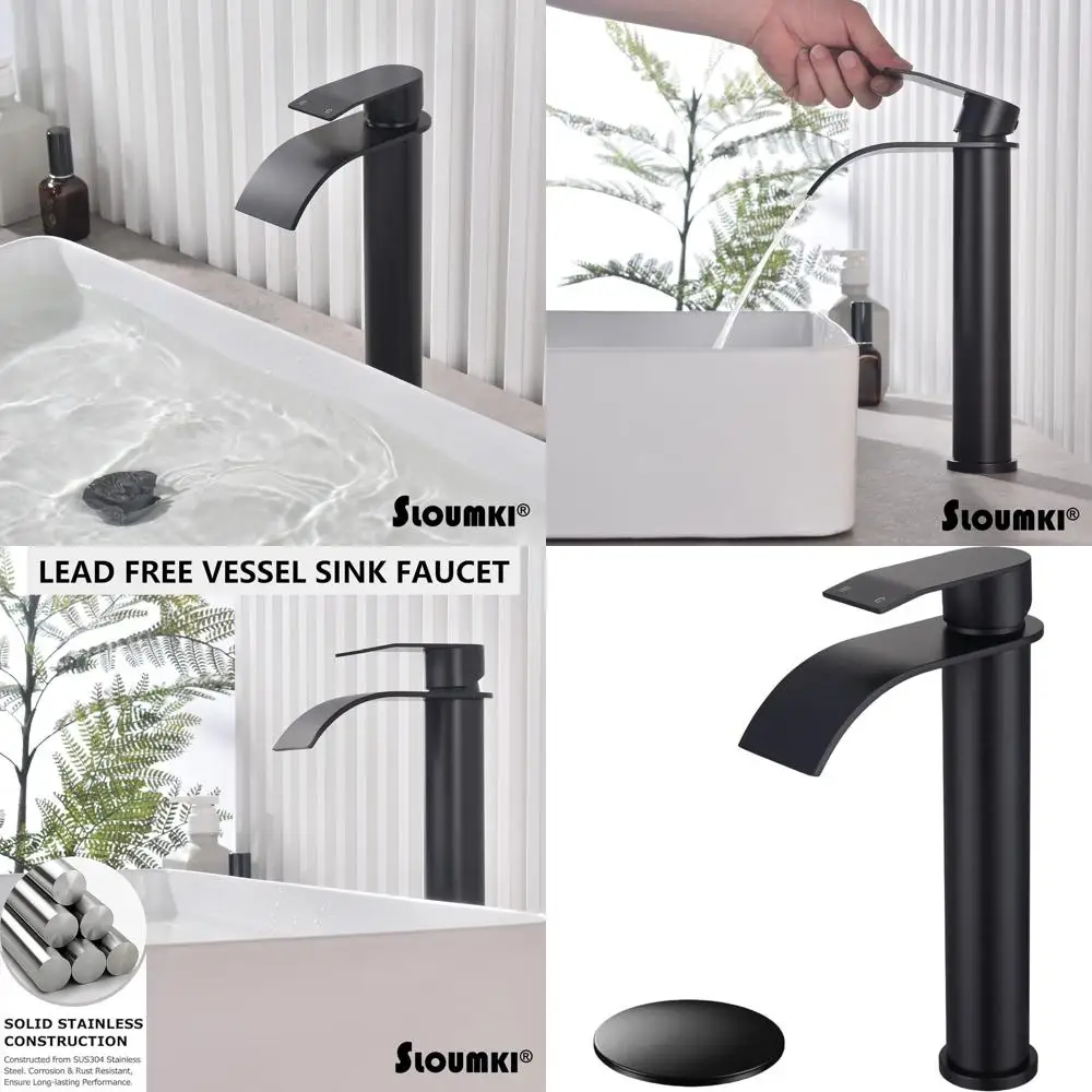 

Modern Single-Handle Tall Spout Bathroom Sink Faucet with Matte Black Finish, Hot/Cold Water Mixer and Metal Drain