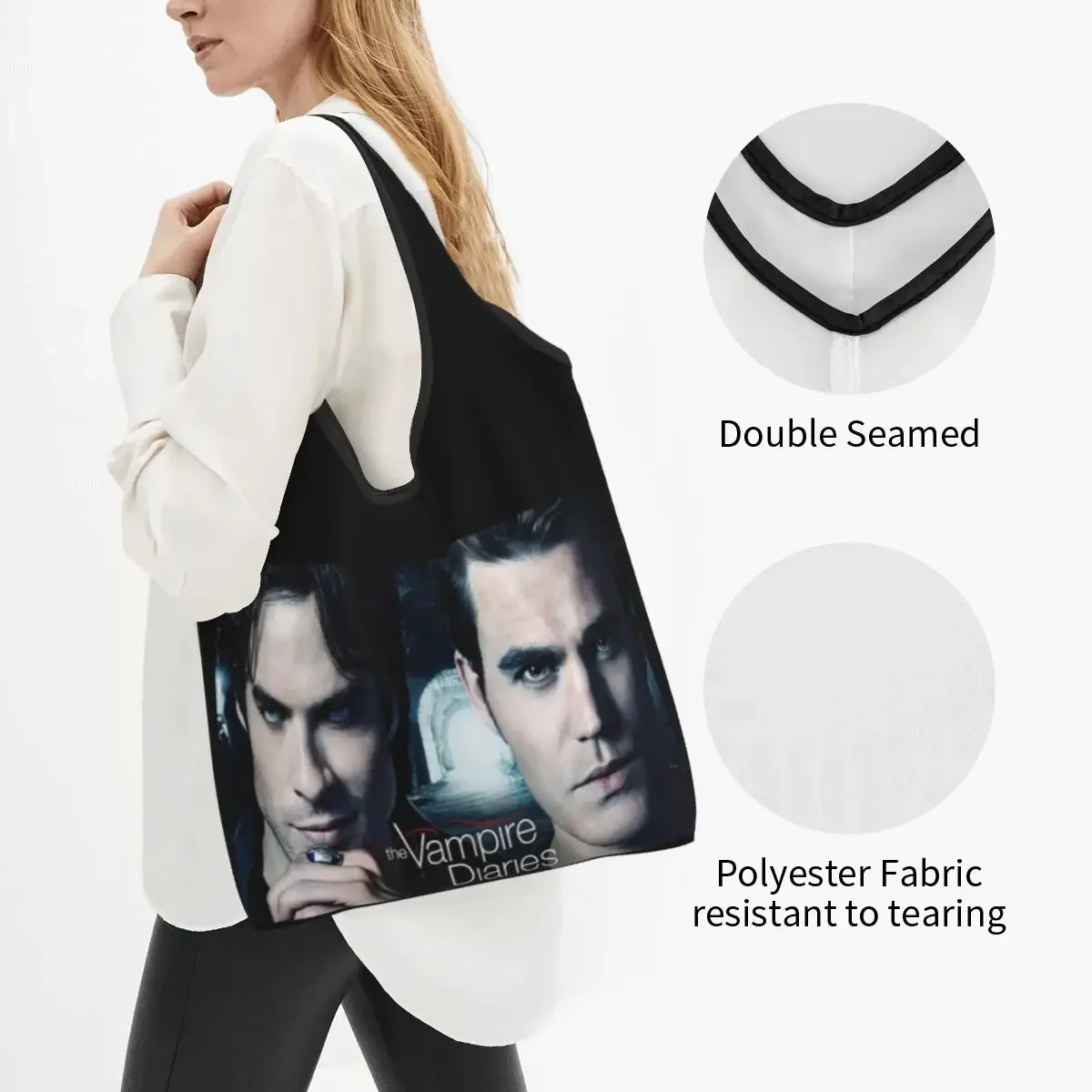 Reusable The Vampire Diaries Grocery Bag Machine Washable Damon Salvatore Shopping Bags Large Eco Storage Bag Attached Pouch