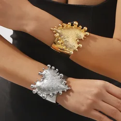 KMVEXO Exquisite Hip Hop Cuff Wide Bangles Vintage Punk Gold Silver Color Metal Heart Bangles Women Bracelets Men Jewelry