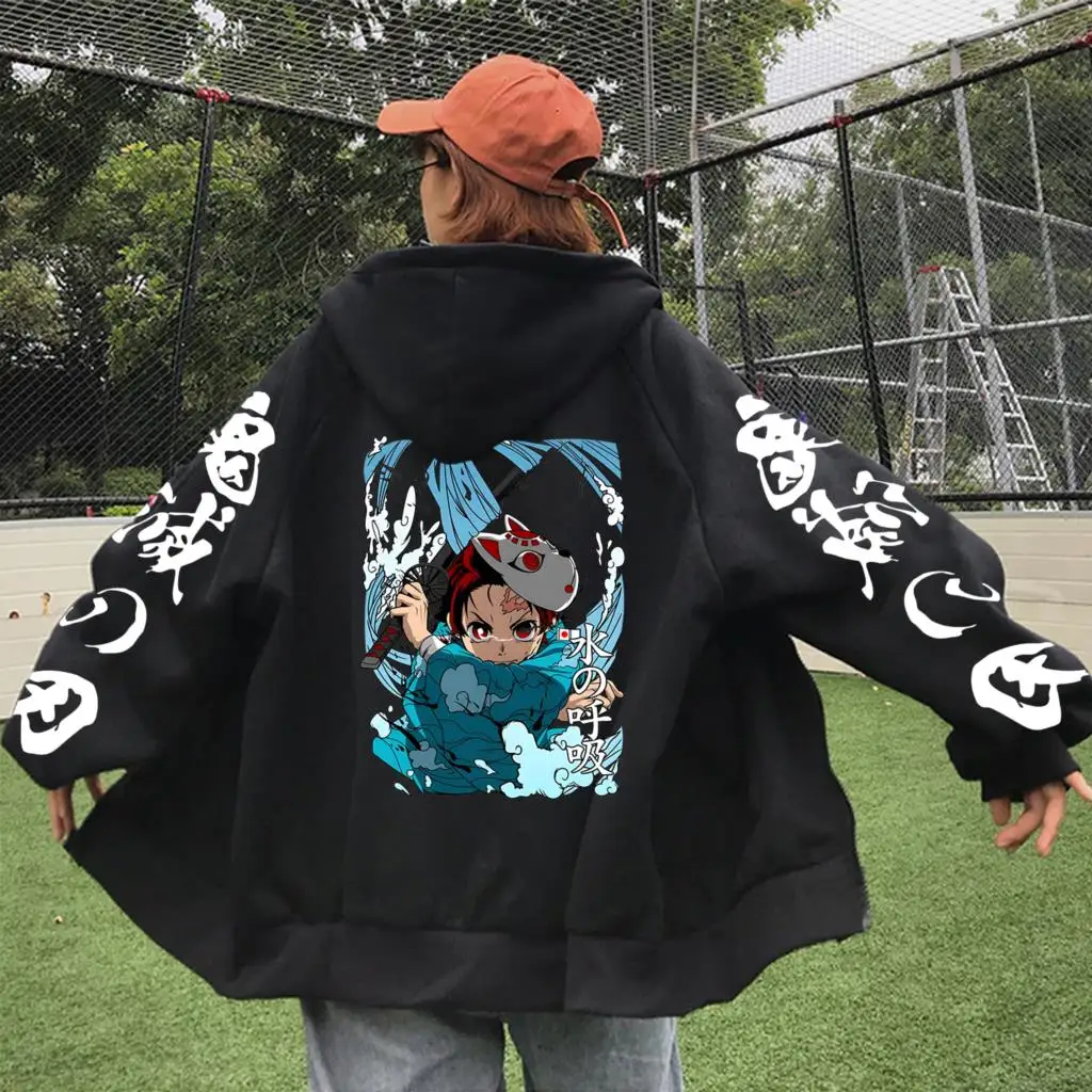 Tsugikuni Michikatsu Demon Slayer Print Zip Up Hoodies Autumn Fleece Hooded Tops Men Women Comfortable Zipper Sweatshirts Coats