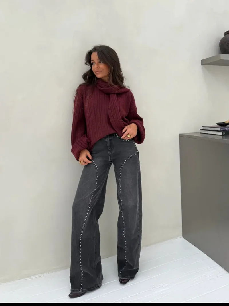 Damen-Jeans mit Nieten und geradem Bein, gebogene Nähte, Metallperlen, lockere, weite Denim-Hose, amerikanischer Street-Casual-Stil, Alltagshose – Detail 11