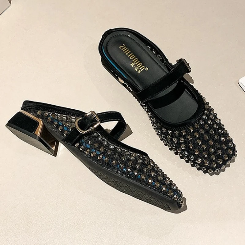 Mesh Rhinestone Chunky Heel Mules Slippers Women Breathable Summer Fashion Slides Square Toe Sandals for Women Pantuflas Mujer