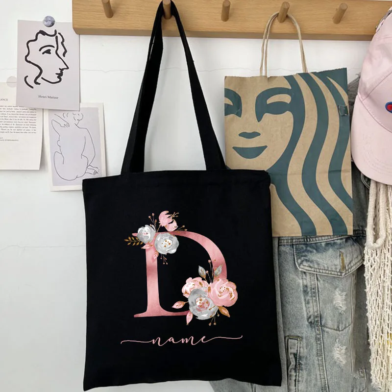 Customize Name Women Canvas Shoulder Bag Pink Flower Letter Handbag Ladies Casual Tote Bag Large Capacity Reusable Shopping Bag