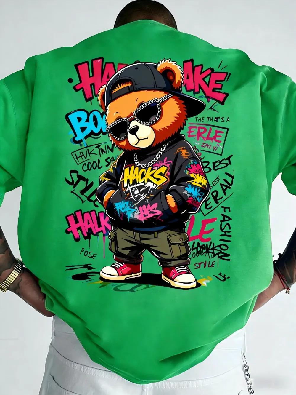 European and American Men's Summer Teddy Bear Graffiti Print Comfortable and Breathable Round Neck T-Shirt Outdoor Street Top image 6