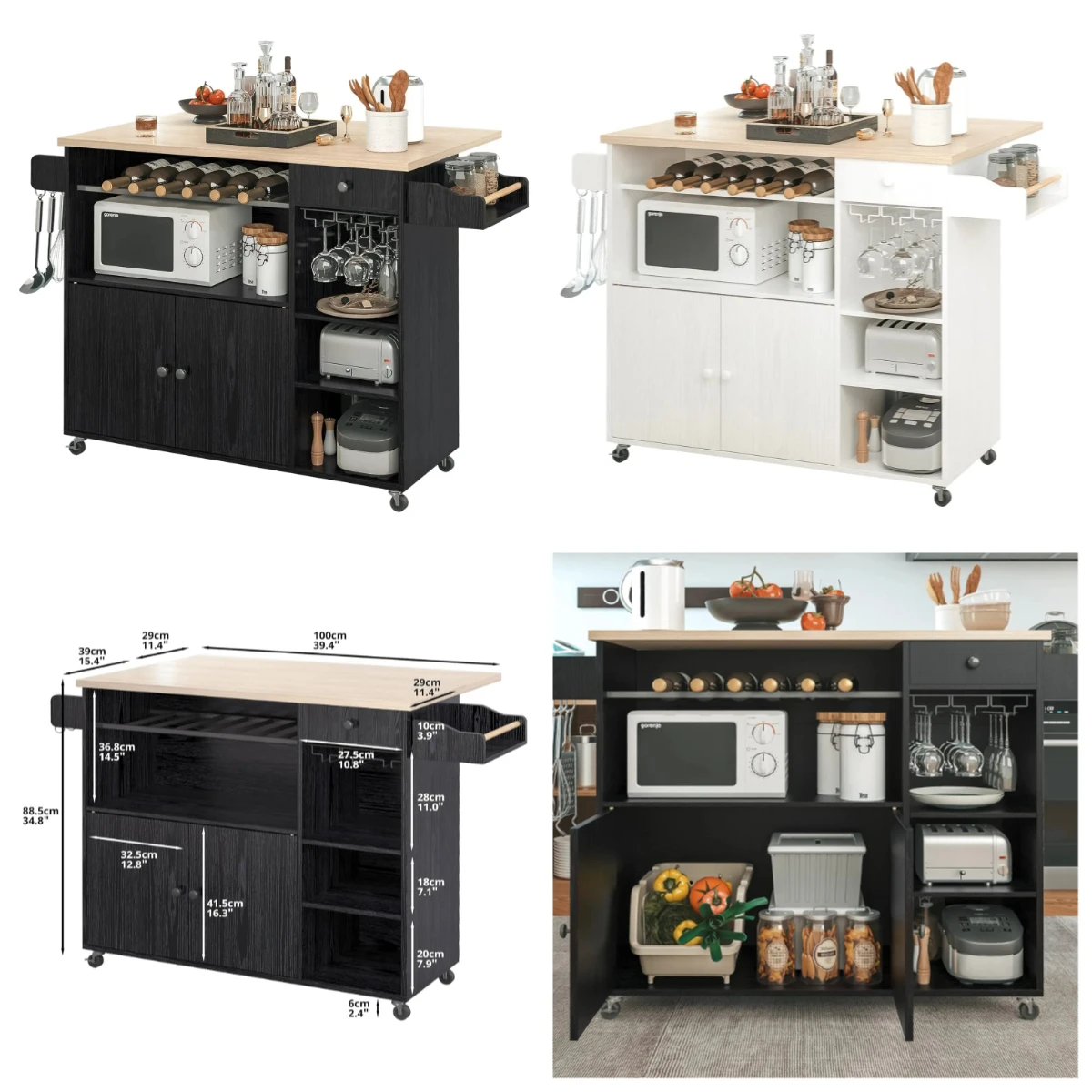 

Rolling Kitchen Island Cart with Drop-Leaf, Wine Rack, Microwave Shelf, Drawer, Storage Shelves, Spice Rack Customized