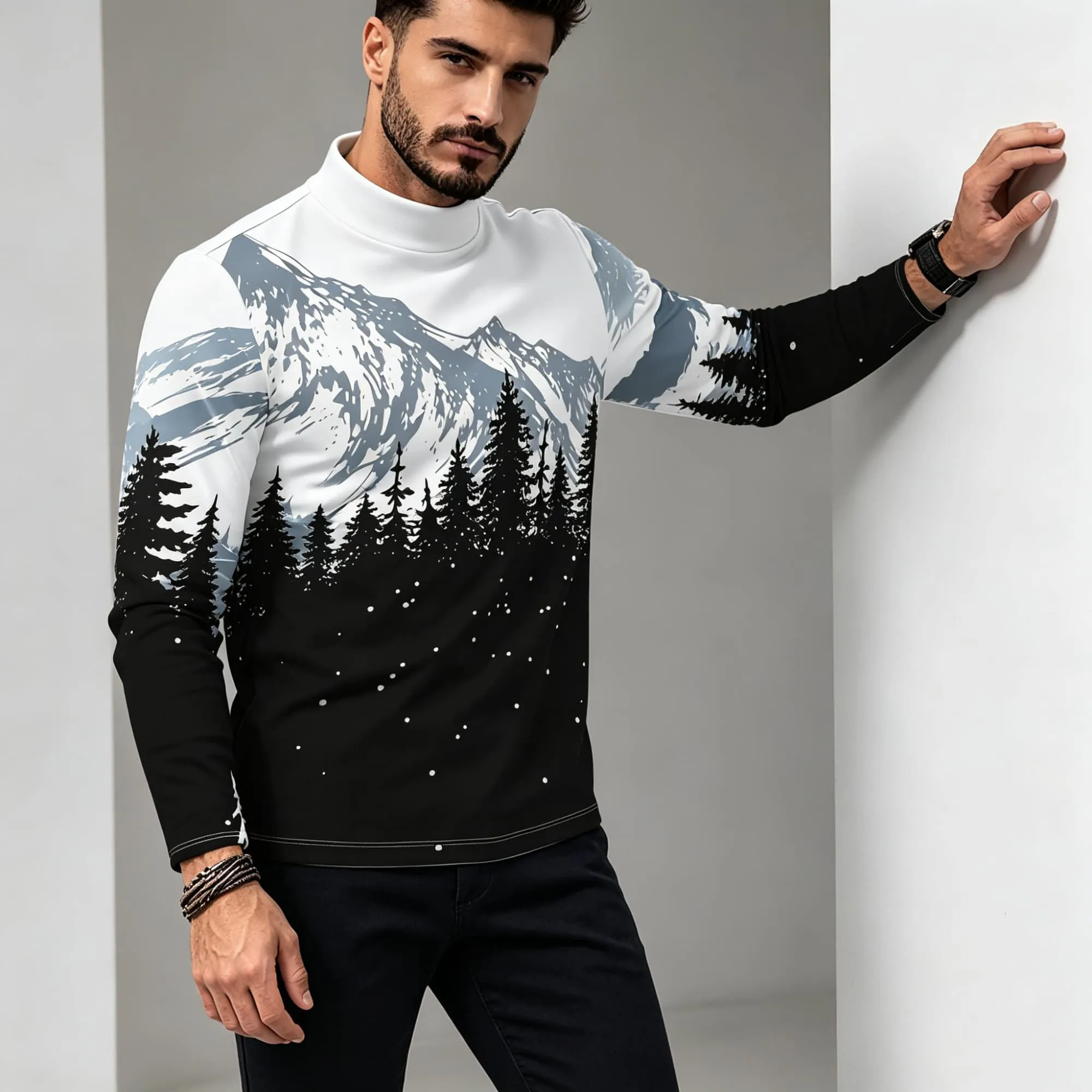 Snow Mountain Pine Forest Scenic Print Men Mock Neck Long Sleeve Tee Black White Gradient Fall  Daily Outfit Shirts