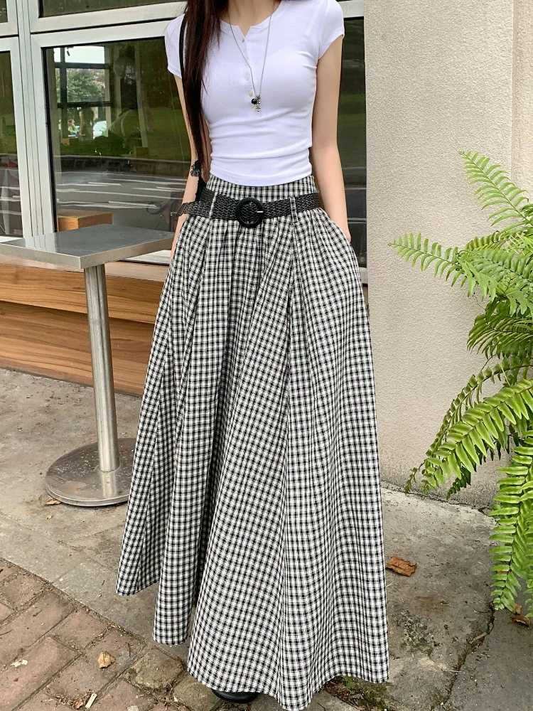 High Quality Black and White Skirt with Belt Korean Fashion High-waisted  A-line Skirt Female Elegant Pleated Long Faldas New