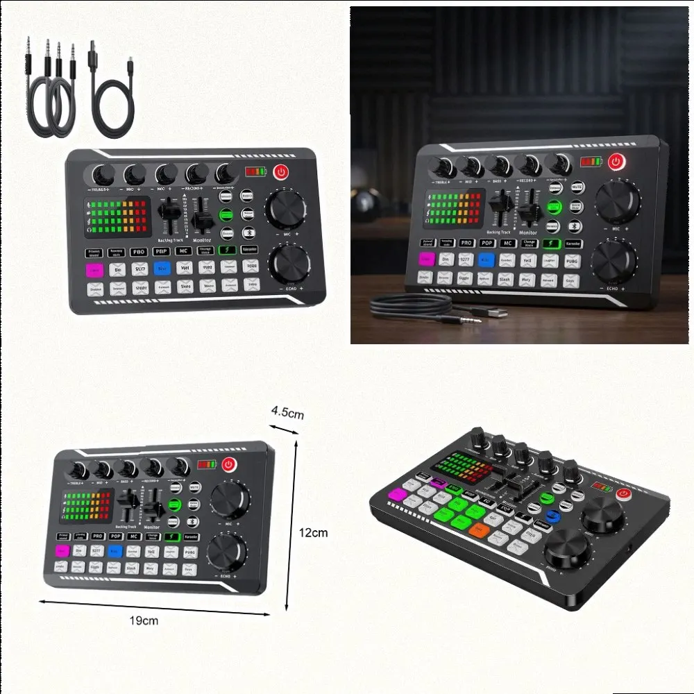 F998 Sound Card Microphone Mixer Audio Mixing Console DJ Equipment Adjustable High/Mid/Low Frequencies 12-step Electronic Tuning