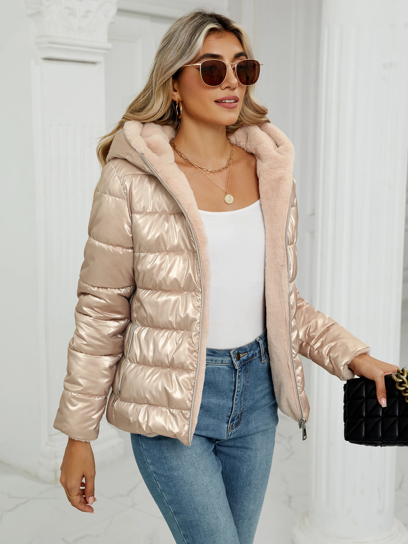 Cappotto casual da donna alla moda invernale con cappello e giacca in cotone double face, comodo per i pendolari e l'uso quotidiano, adatto